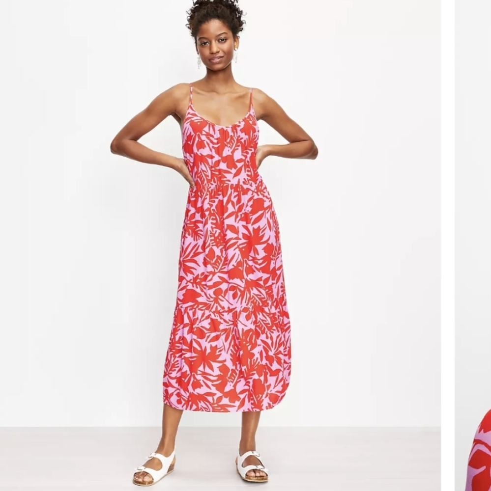 Loft Tropic Strappy Tiered Midi Dress